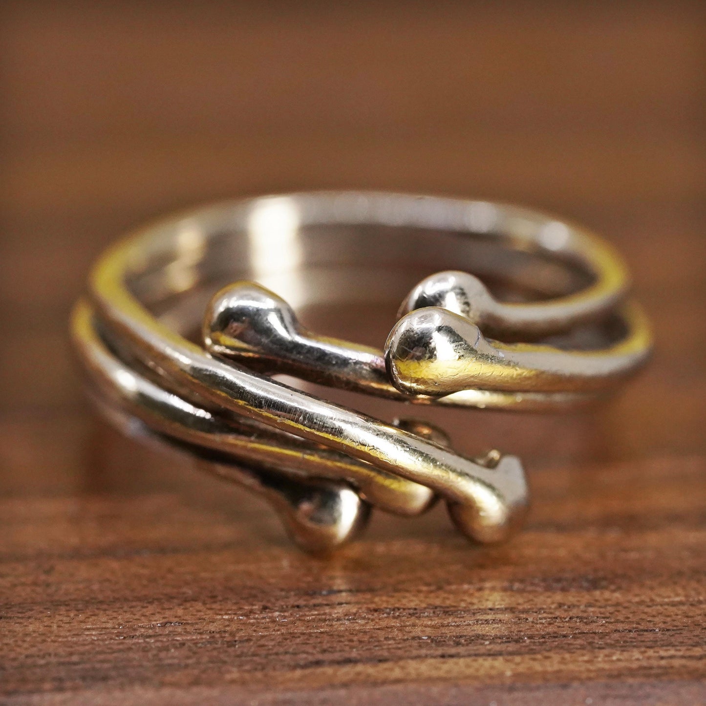 Size 7.5, vintage MWS gold plated Sterling 925 silver ring, wrap 925 beads band