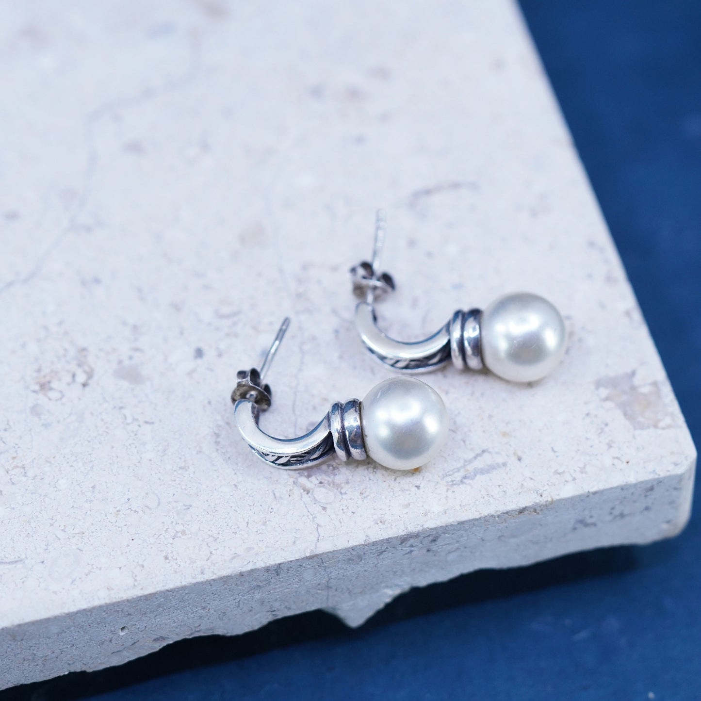 Vintage sterling silver handmade earrings, 925 studs with pearl