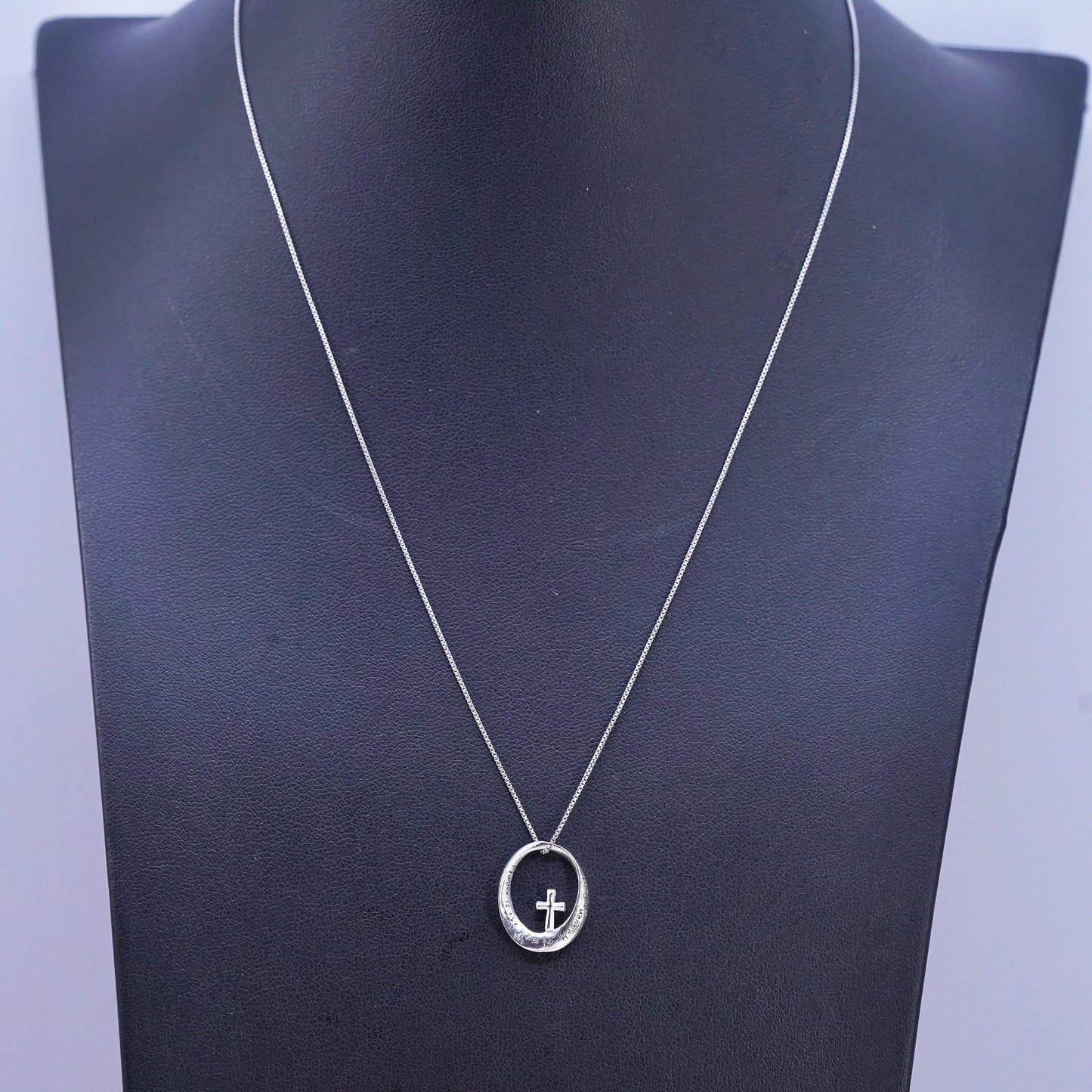 18", Vintage Sterling 925 silver box necklace oval cross pendant, prayer heaven