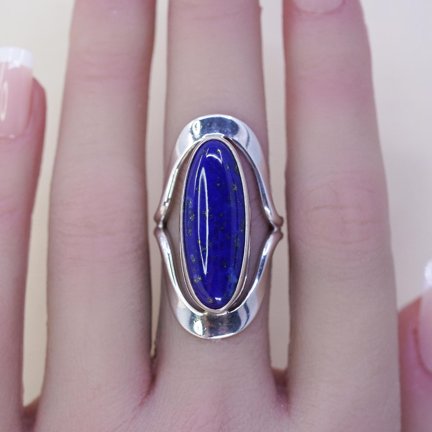 Size 6, VINTAGE 925 Sterling Silver Ring DDD Dominique Dinouart Blue Lapis