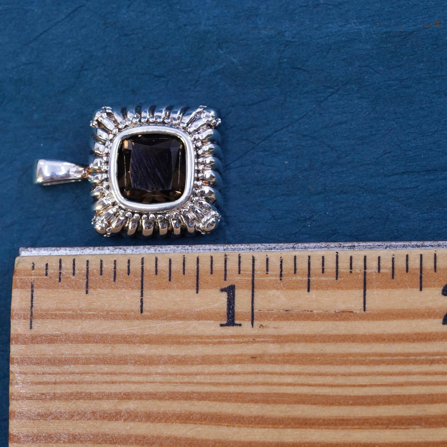 Vintage Sterling 925 silver handmade square pendant with smoky quartz