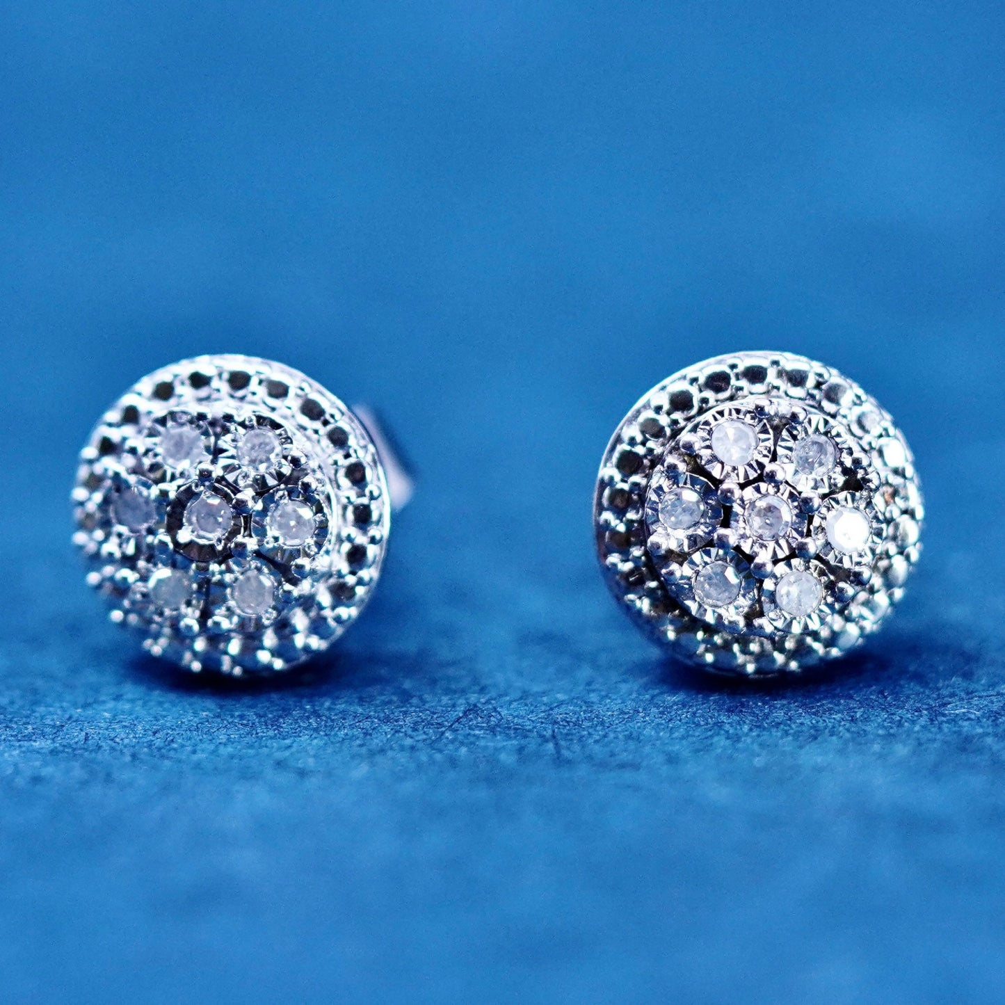 Vintage sterling silver handmade earrings, 925 studs with cluster diamond inlay