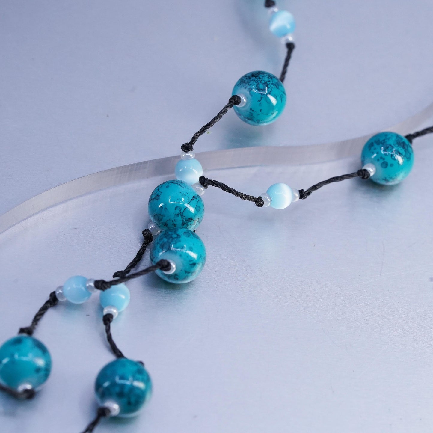 16" Vintage Sterling 925 silver necklace with turquoise blue cats eye and linen thread