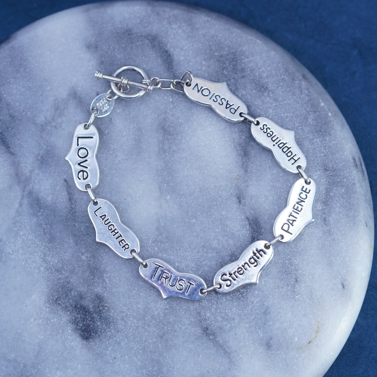 7.5”, Sterling silver bracelet, 925 heart chain embossed “love trust strength