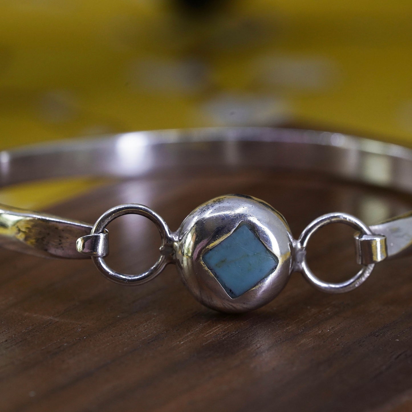 6.5”, Sterling silver handmade bracelet, Mexico 925 hinged bangle w/ turquoise