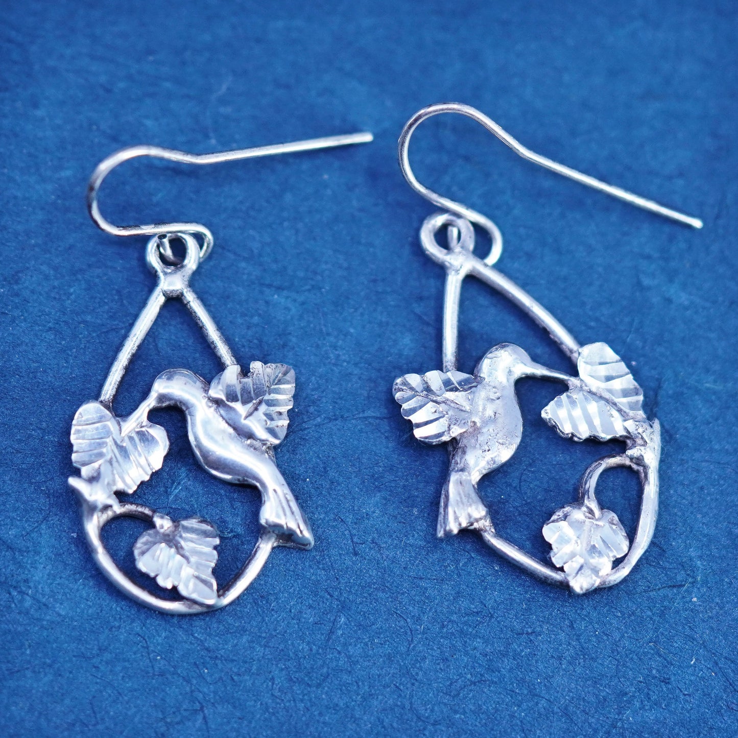 Vintage Sterling silver handmade bird earrings, 925 hummingbird dangles