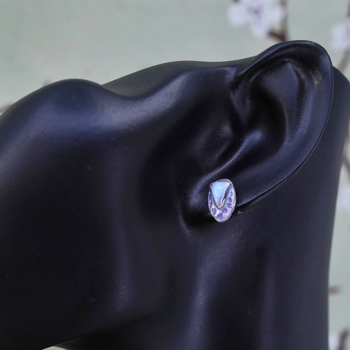 Vintage Sterling silver earrings, 925 studs with glittering resin purple nugget