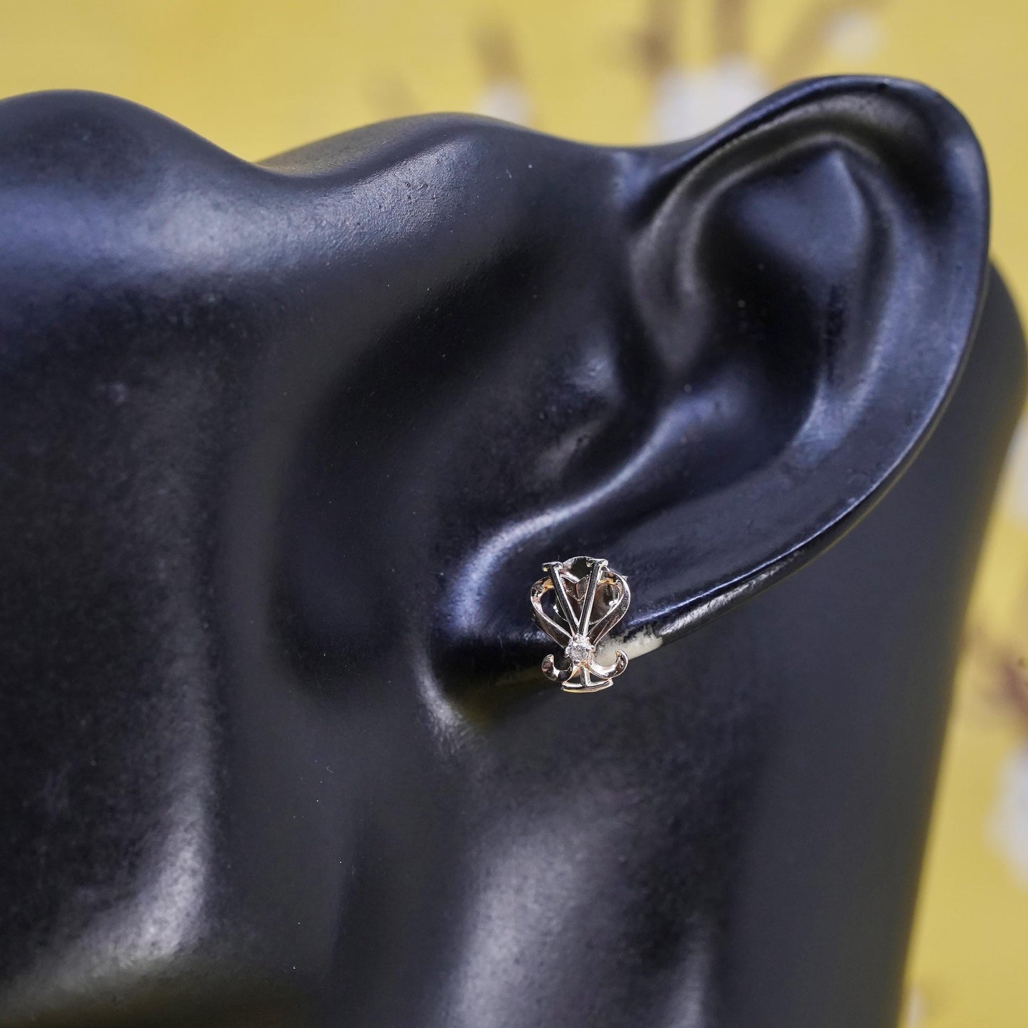 Vintage Two-Tone Sterling Silver Heart V Stud Earrings with CZ