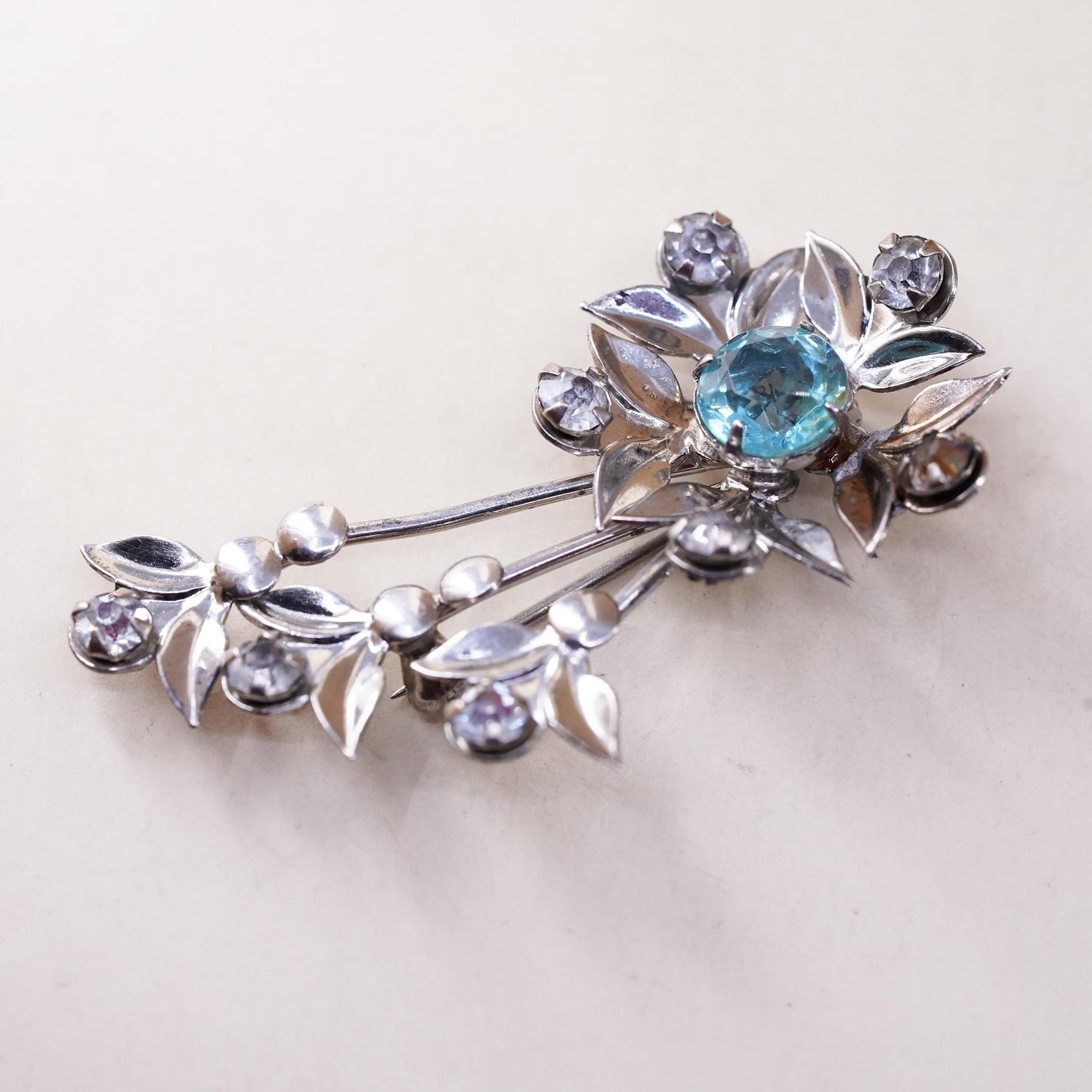 Vermeil gold plated sterling silver brooch, 925 flower blue rhinestone crystal