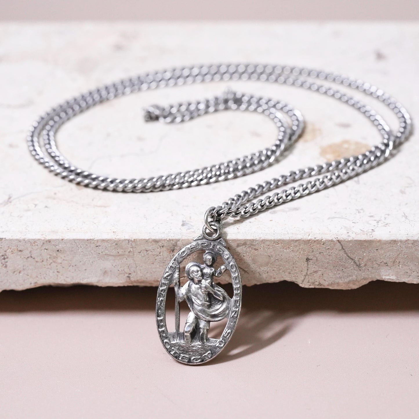 24” Sterling silver necklace, 925 chain Saint Christopher protect us pendant