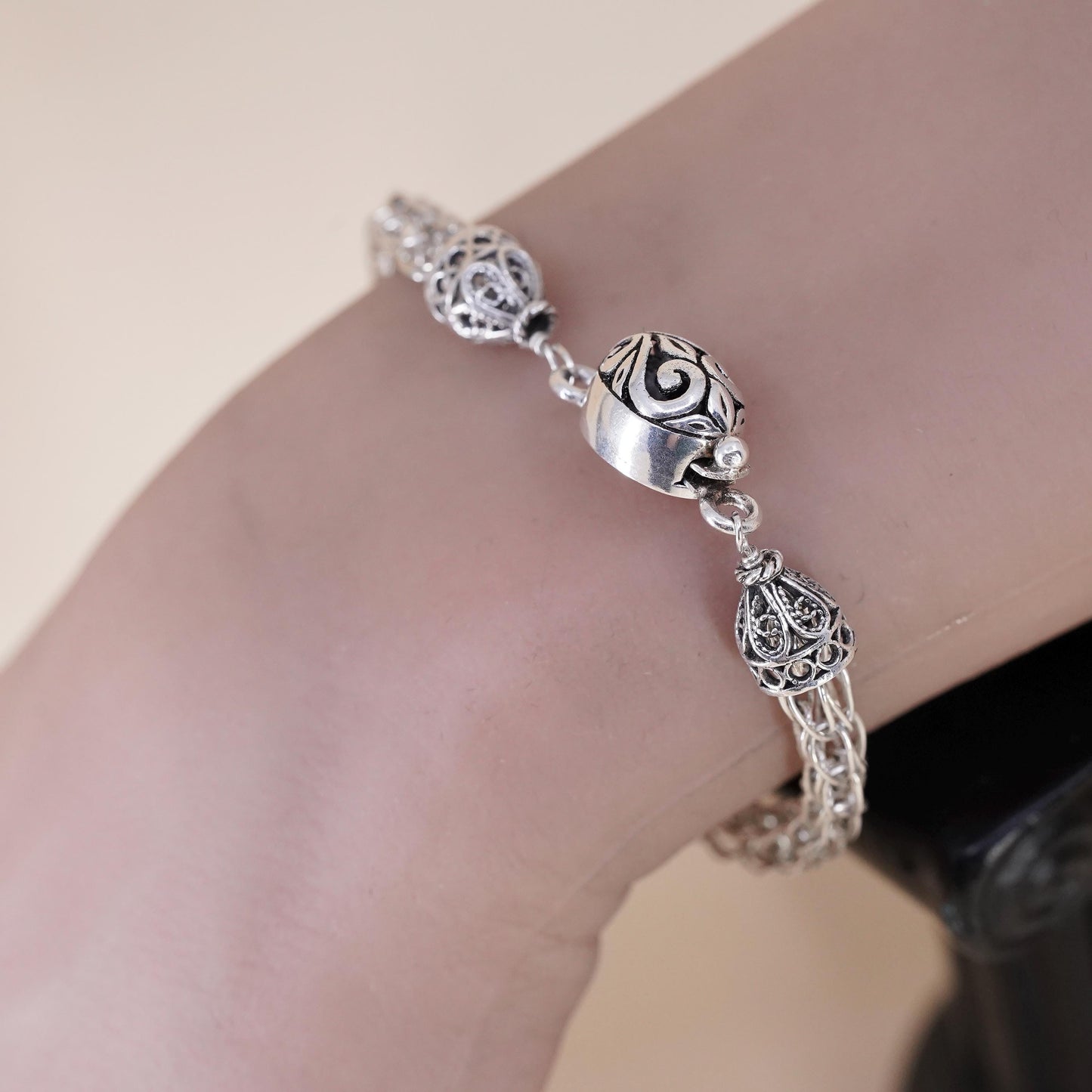 6.25”, vintage sterling silver bracelet, 925 wheat chain with filigree clasp