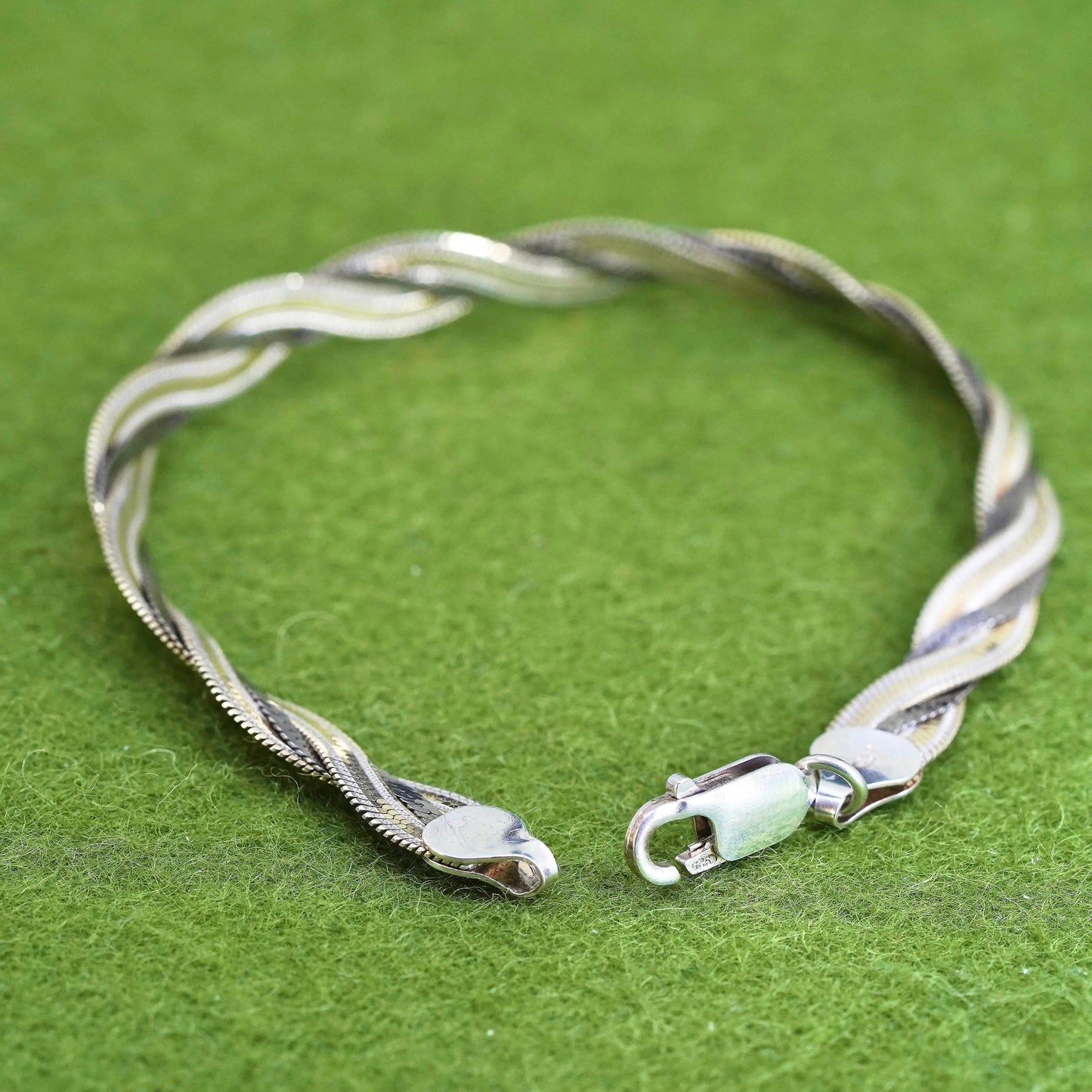 7" triple tone sterling silver handmade bracelet, 925 twisted herringbone chain
