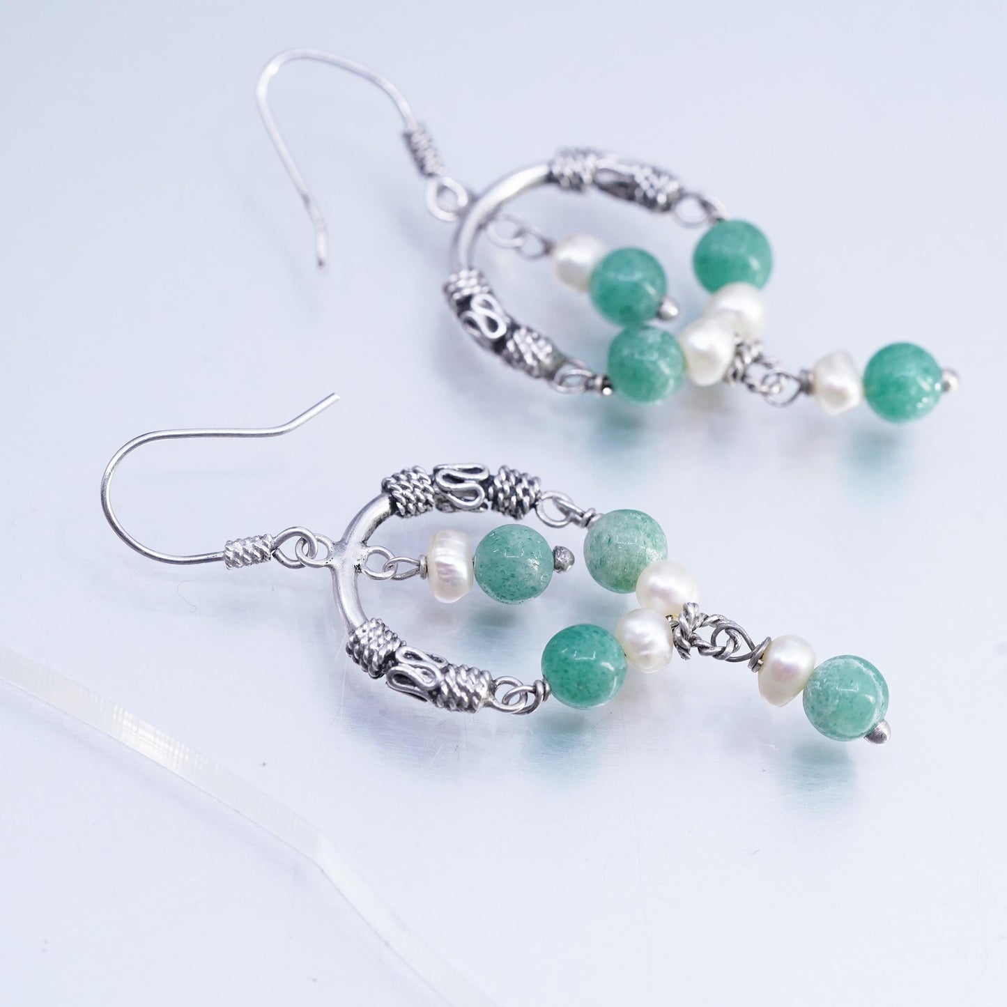 Vintage Sterling 925 silver handmade wired circle earrings jade pearl beads