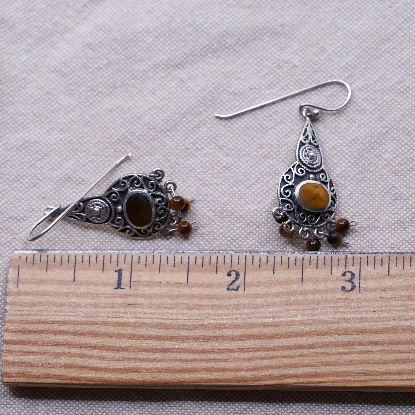 Sterling silver earrings, 925 filigree teardrop cluster golden tiger eye beads