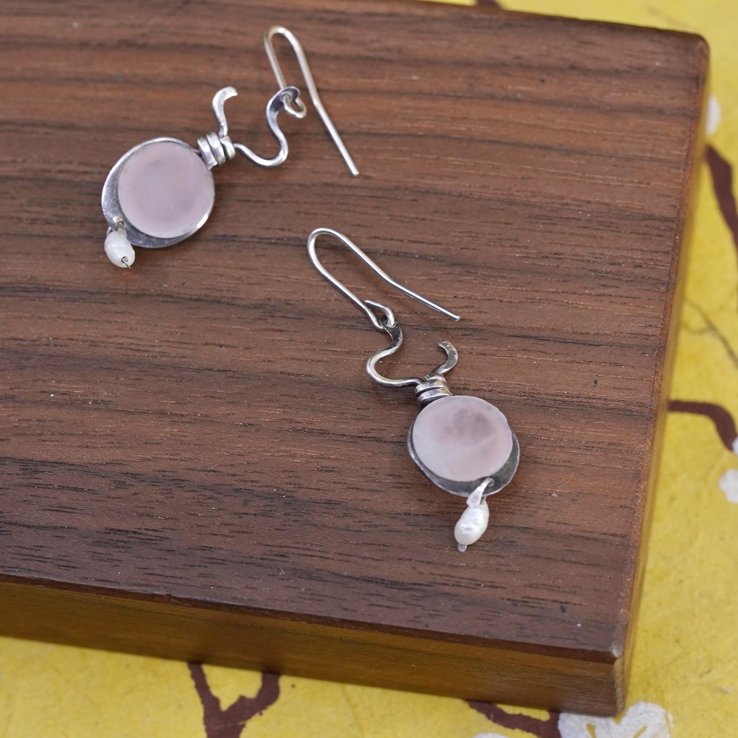 Vintage Sterling Silver Earrings, Pink Rose Quartz Pearl Drop, Handmade 925