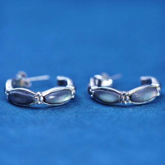 0.75”, vtg Sterling silver handmade earrings, 925 hoops with abalone, huggie