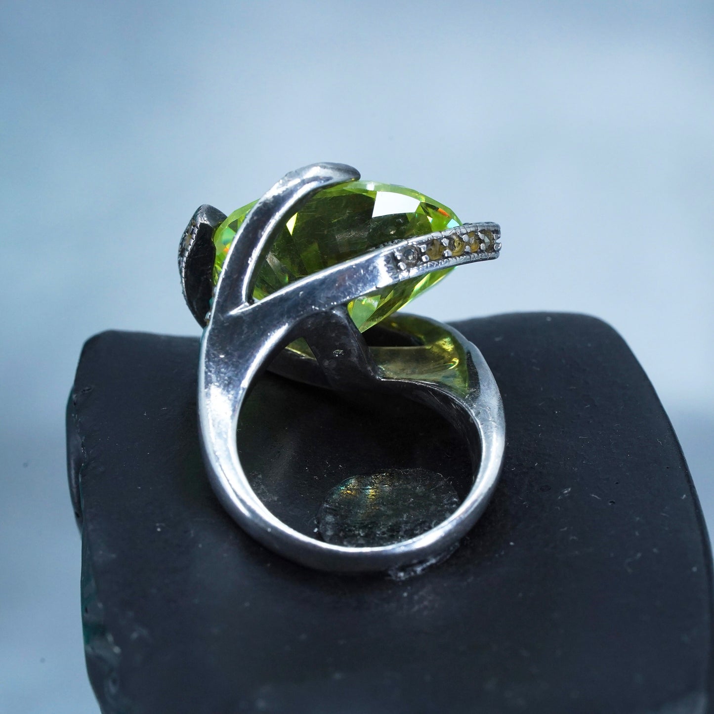 Size 6, Sterling 925 silver handmade statement ring w/ green crystal marcasite