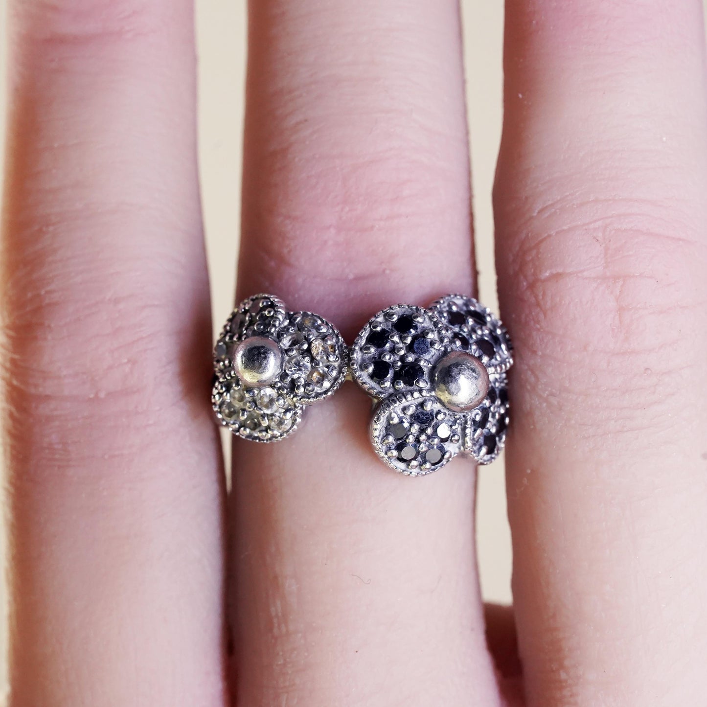 Size 6, Vintage Sterling silver ring, 925 silver flower ring cluster CZ spinel
