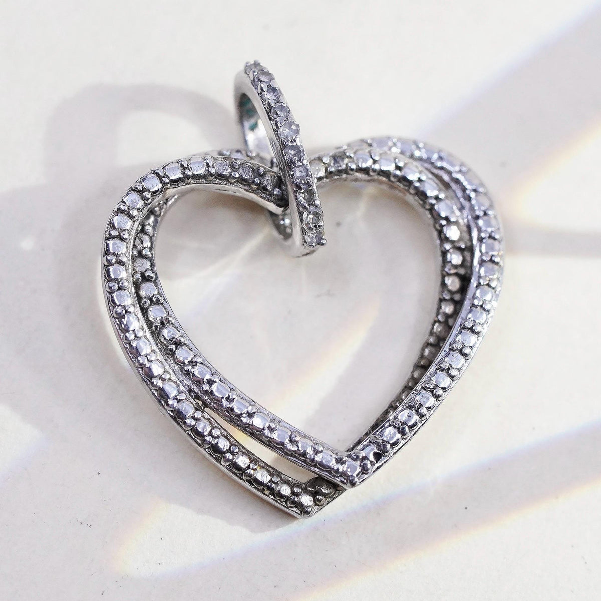 Vintage Sterling silver handmade pendant, entwined 925 heart cluster diamonds