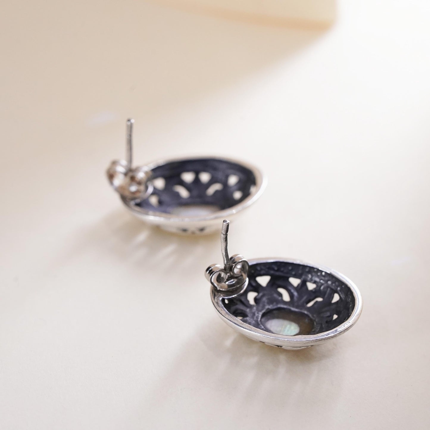 Vintage sterling silver earrings, 925 filigree studs with oval mother of pearl