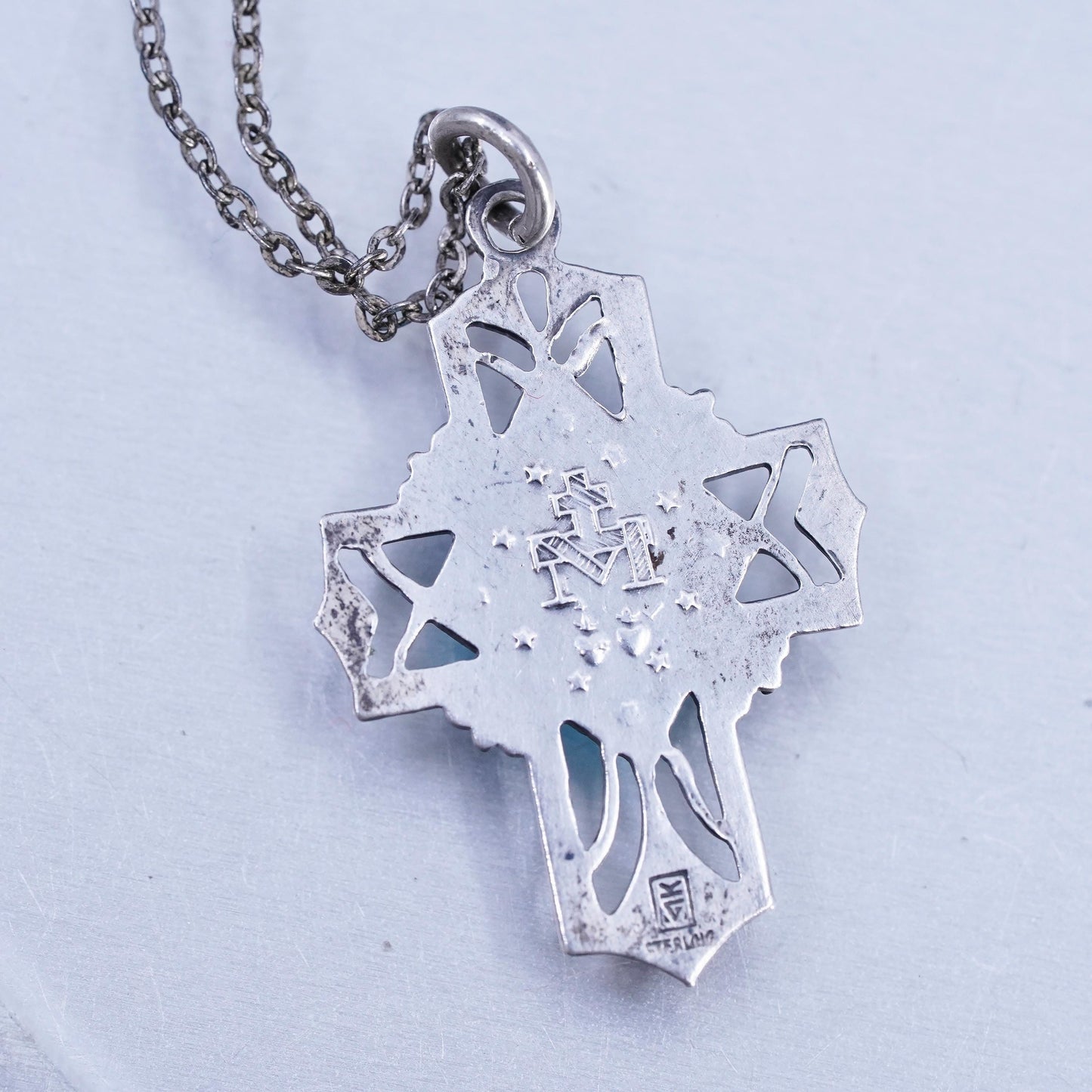 18", Sterling 925 silver circle necklace blue enamel cz pendant Virgin Mary