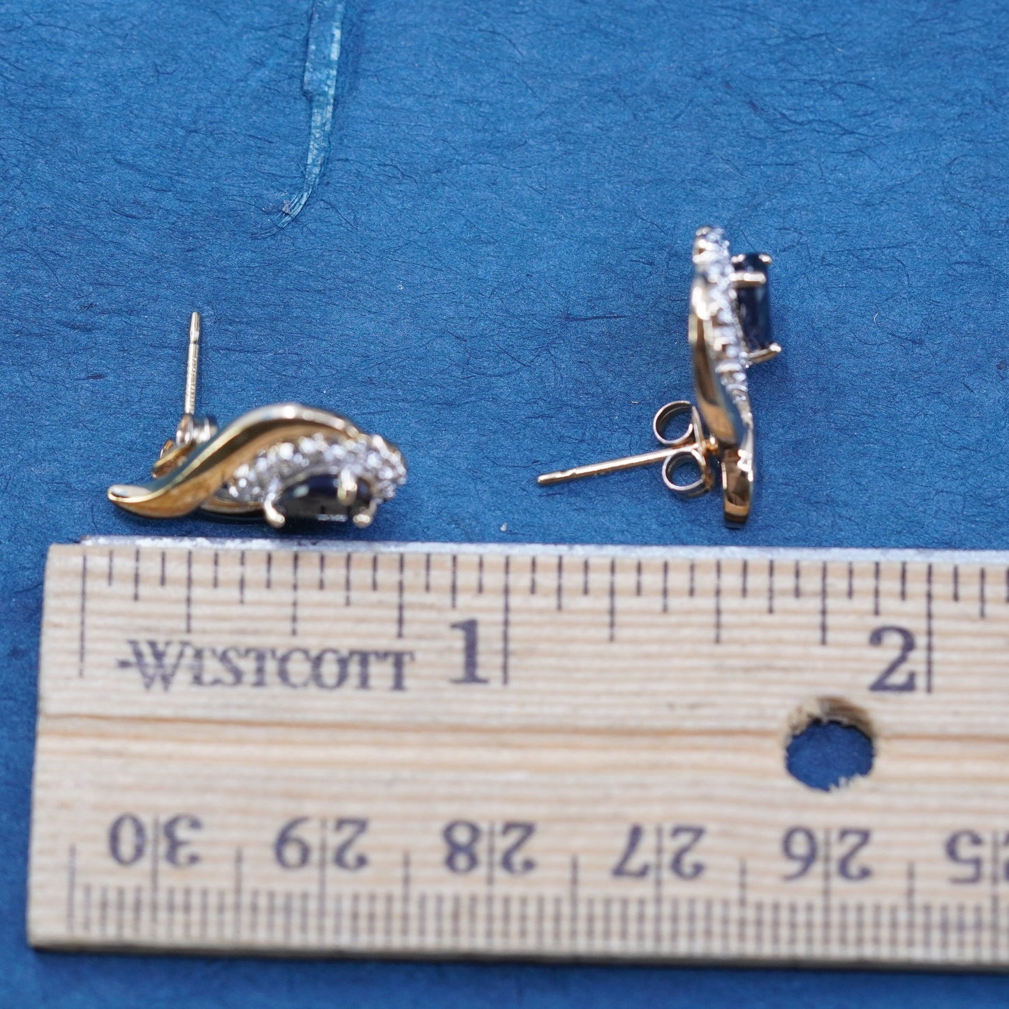 vermeil gold over Sterling silver earrings, 925 teardrop studs sapphire diamond