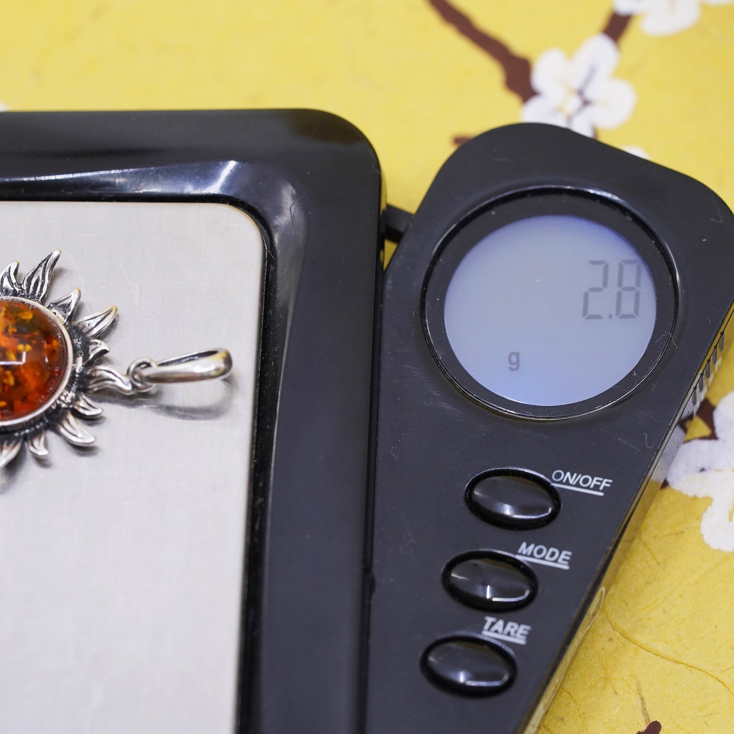 Vintage Sterling 925 silver handmade Sun pendant with Amber