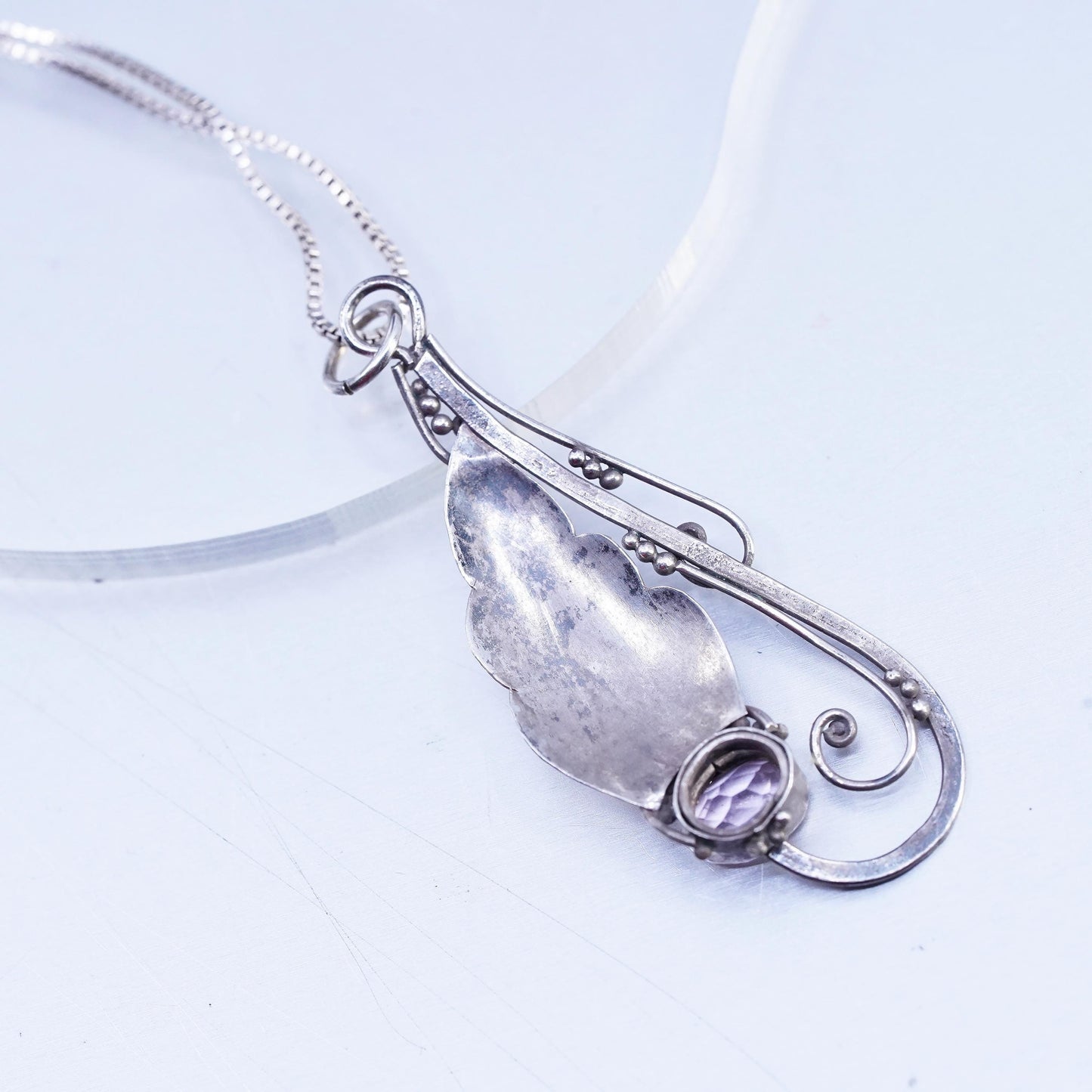 24", Vintage Sterling 925 silver box chain necklace teardrop amethyst pendant