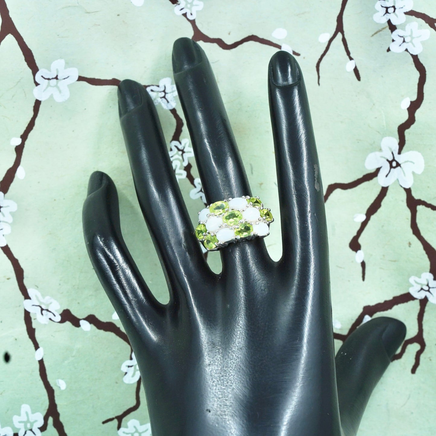 Size 6, vintage Sterling silver handmade ring, 925 band with opal and peridot