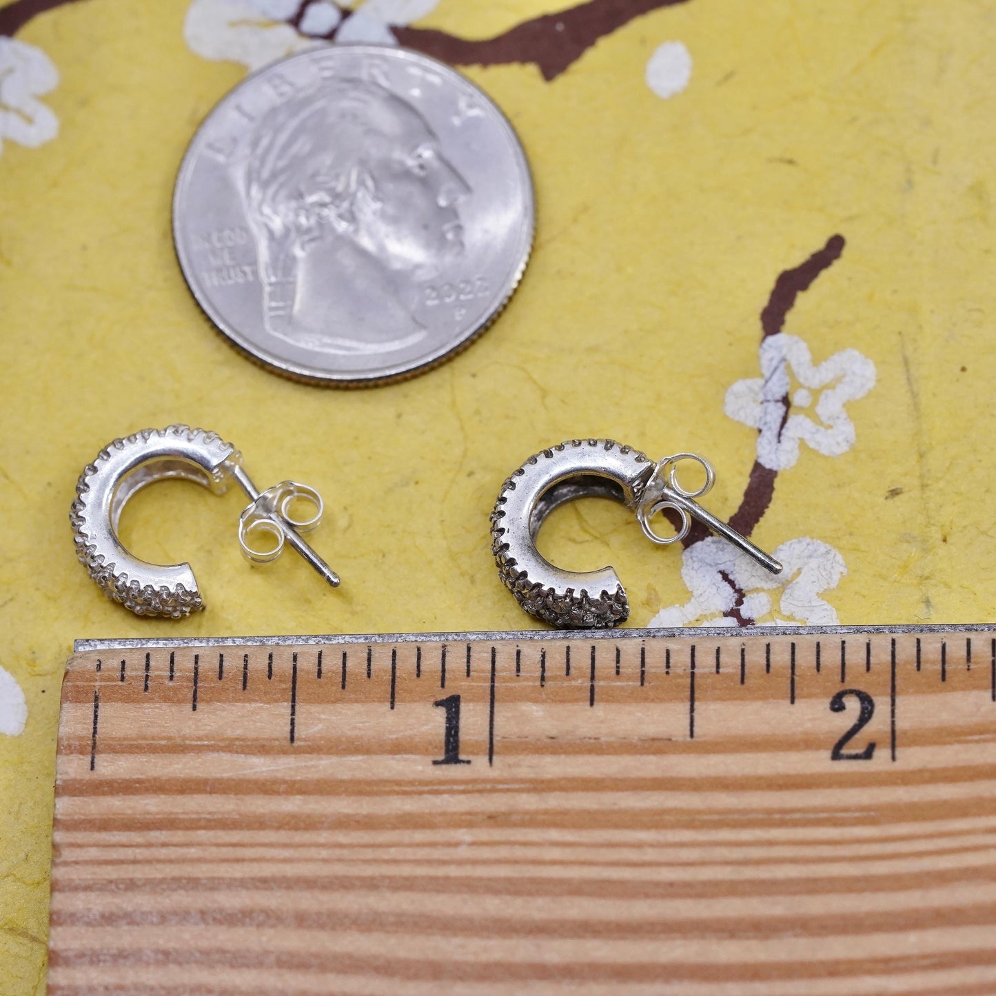 Vintage Sterling 925 silver huggie studs earrings with clear Cz
