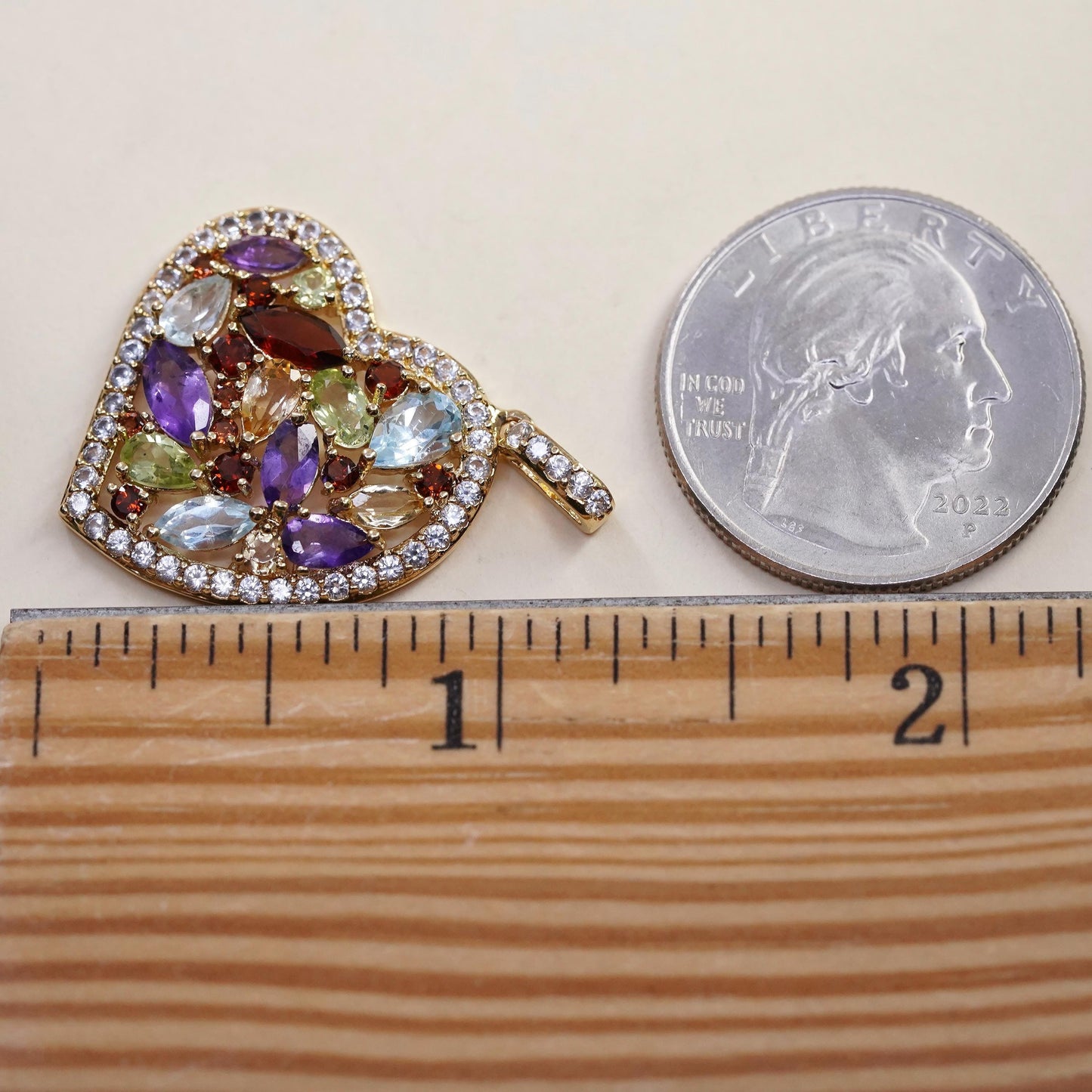 Vintage PAJ BR gold plated brass filigree heart with multi gemstones