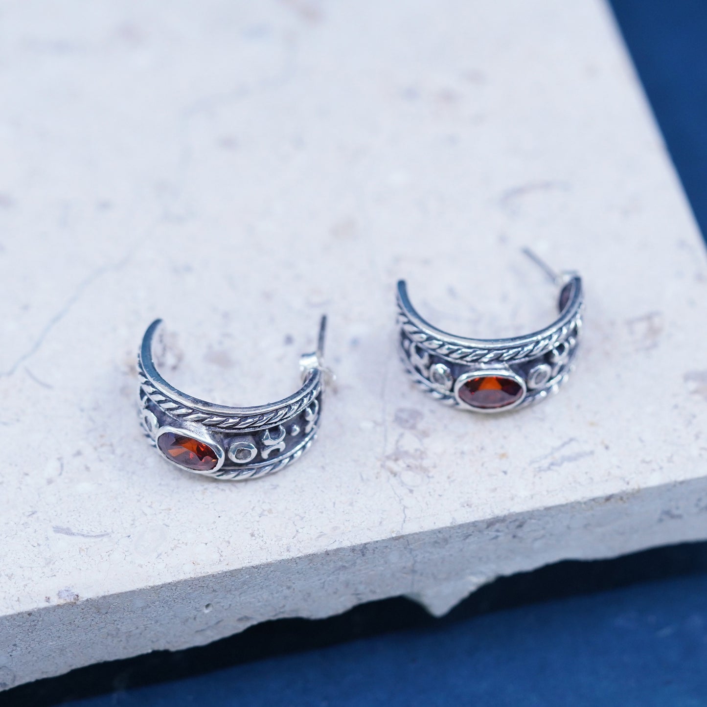 0.75”, Sterling silver handmade hoop earrings, textured 925 huggie studs ruby