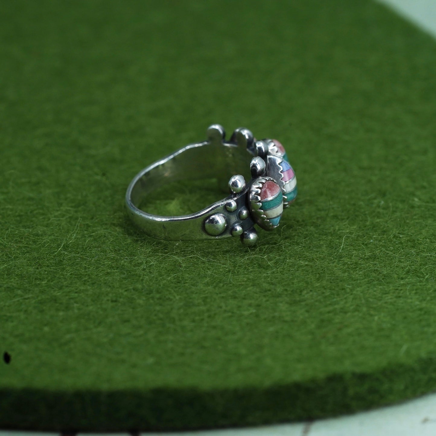 Size 5.75, Native American Zuni Sterling silver ring, 925 band turquoise coral