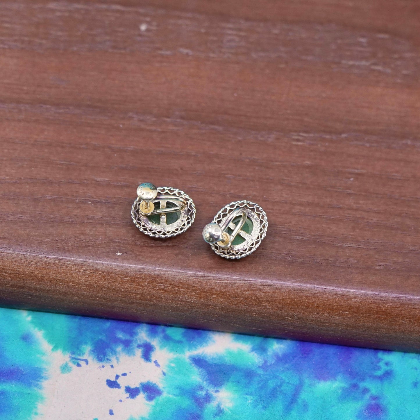 vermeil Sterling silver handmade earrings, gold 925 filigree screw back jade