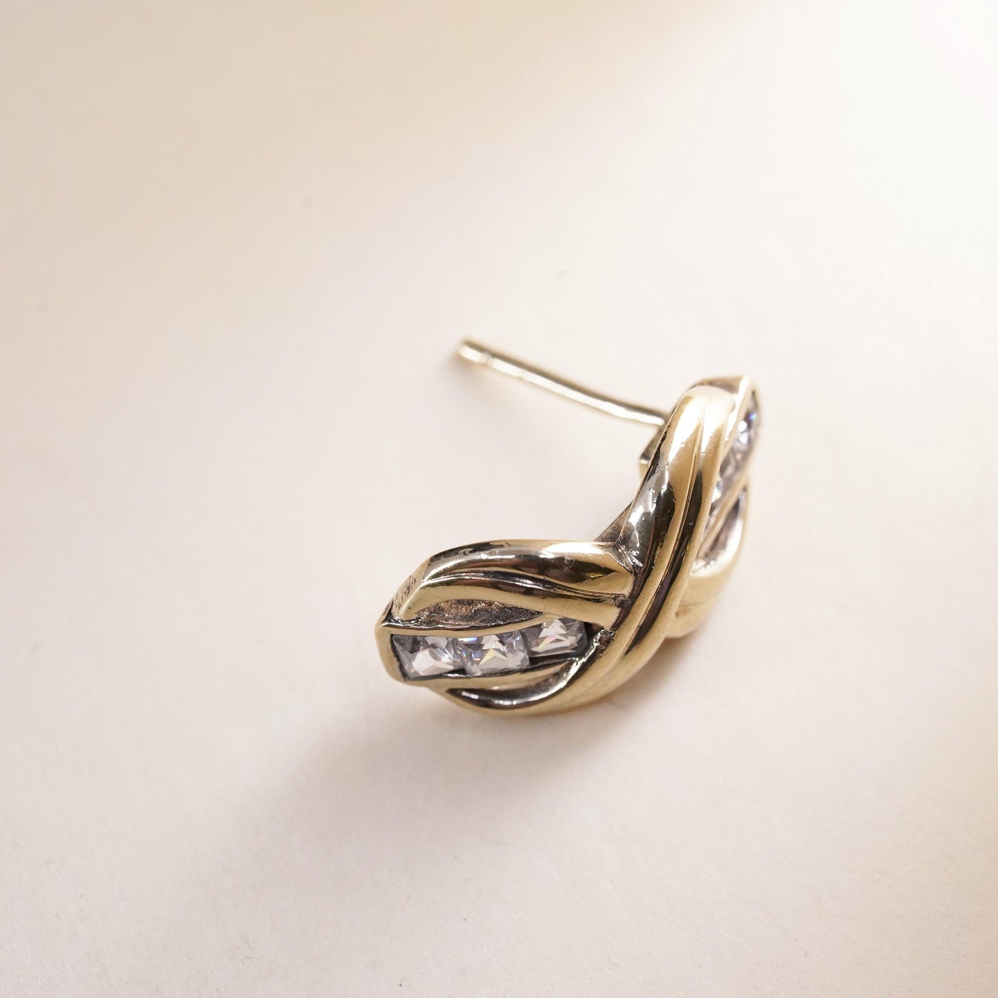 Vintage vermeil gold over Sterling 925 silver stud with cz, single earring