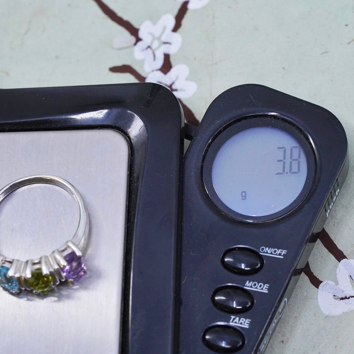 Size 9, vintage sterling 925 silver handmade ring with topaz peridot amethyst