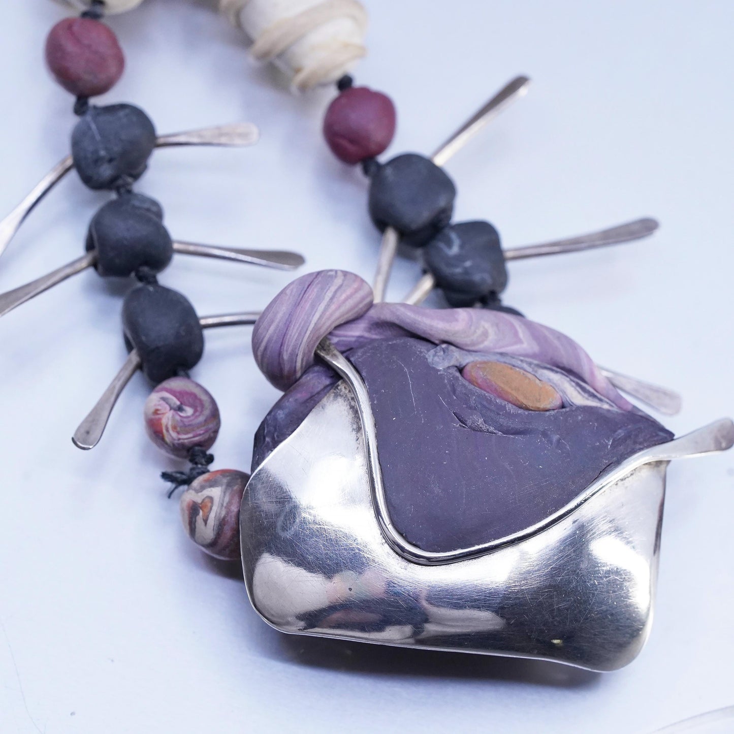 30", Vintage handmade playdoh bead necklace sterling 925 silver pendant brooch