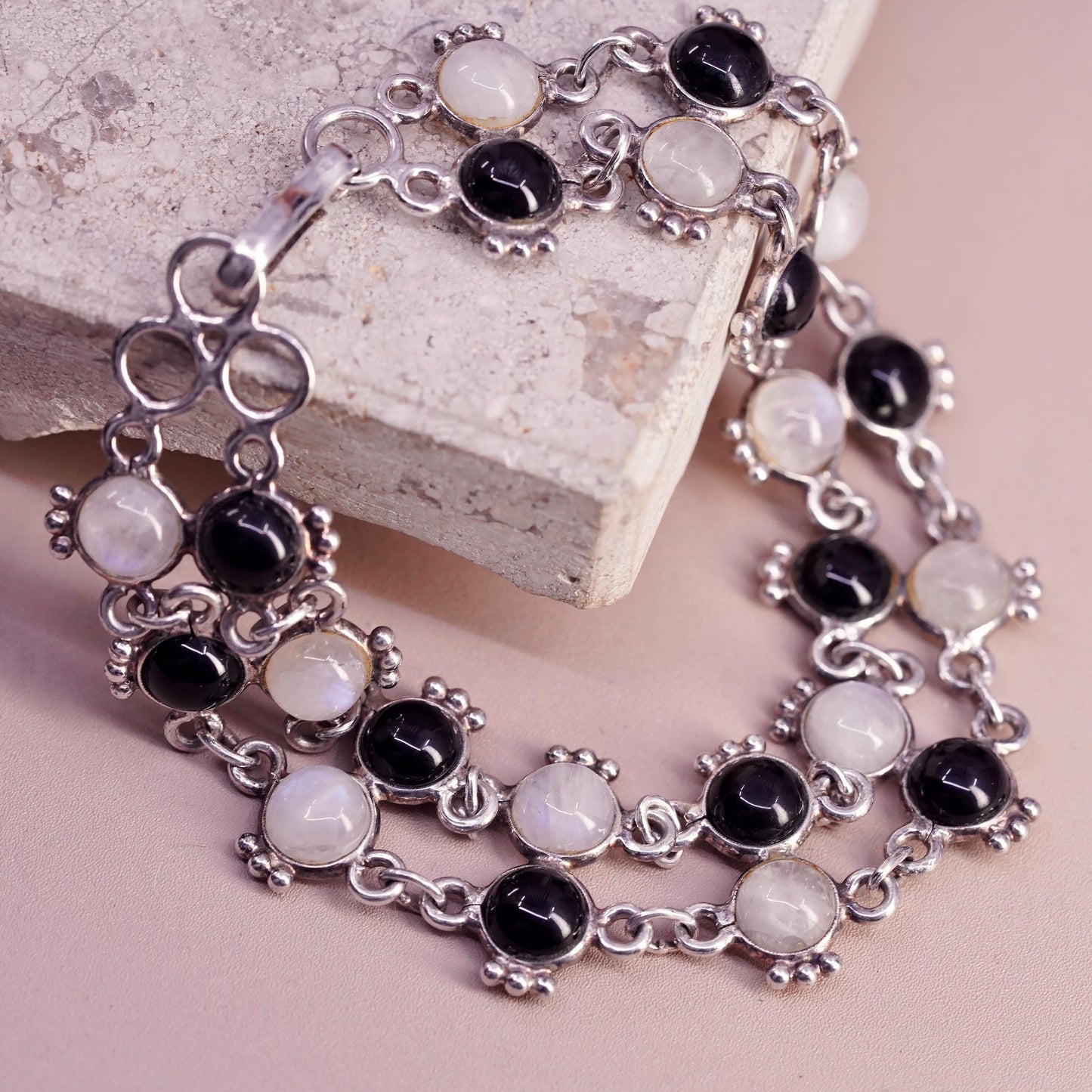 7", vintage sterling 925 silver handmade bracelet with moonstone and onyx