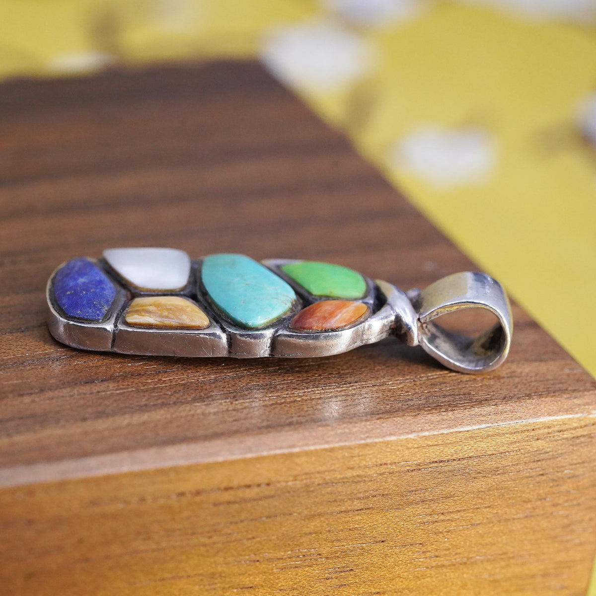 Vintage Sterling Silver 925 Multi Stone Turquoise Lapis Mother of Pearl Pendant