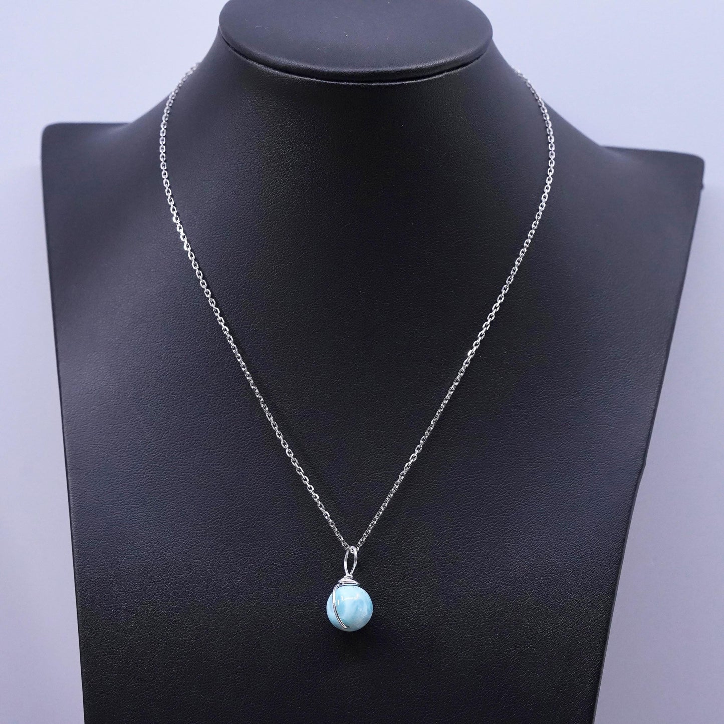 16", vintage Sterling silver necklace, 925 circle chain larimar bead pendant