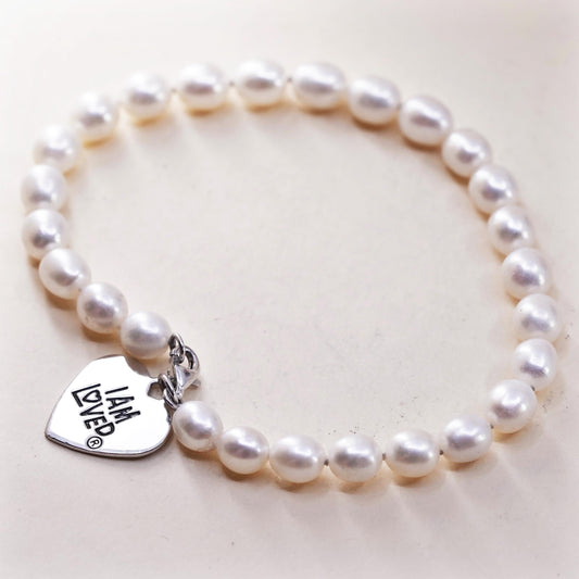 7.5”, VTG sterling silver bracelet, pearl beads 925 heart charm “I am loved”