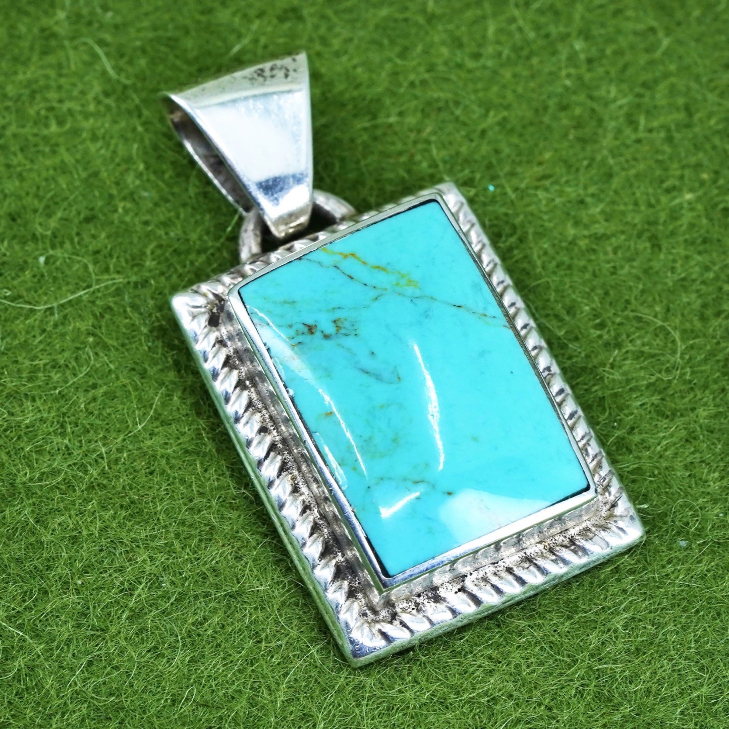 vintage mexico Sterling silver handmade pendant, 925 rectangular with turquoise