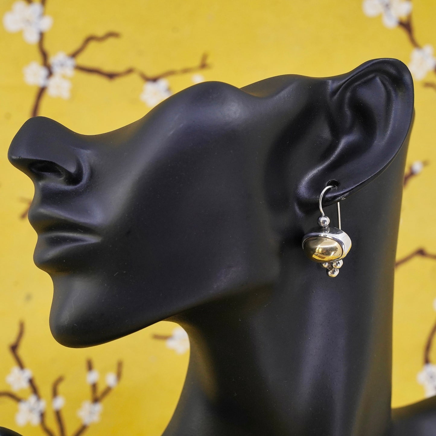 two tone Sterling silver handmade earrings, Mexican 925 hoops with brass beads