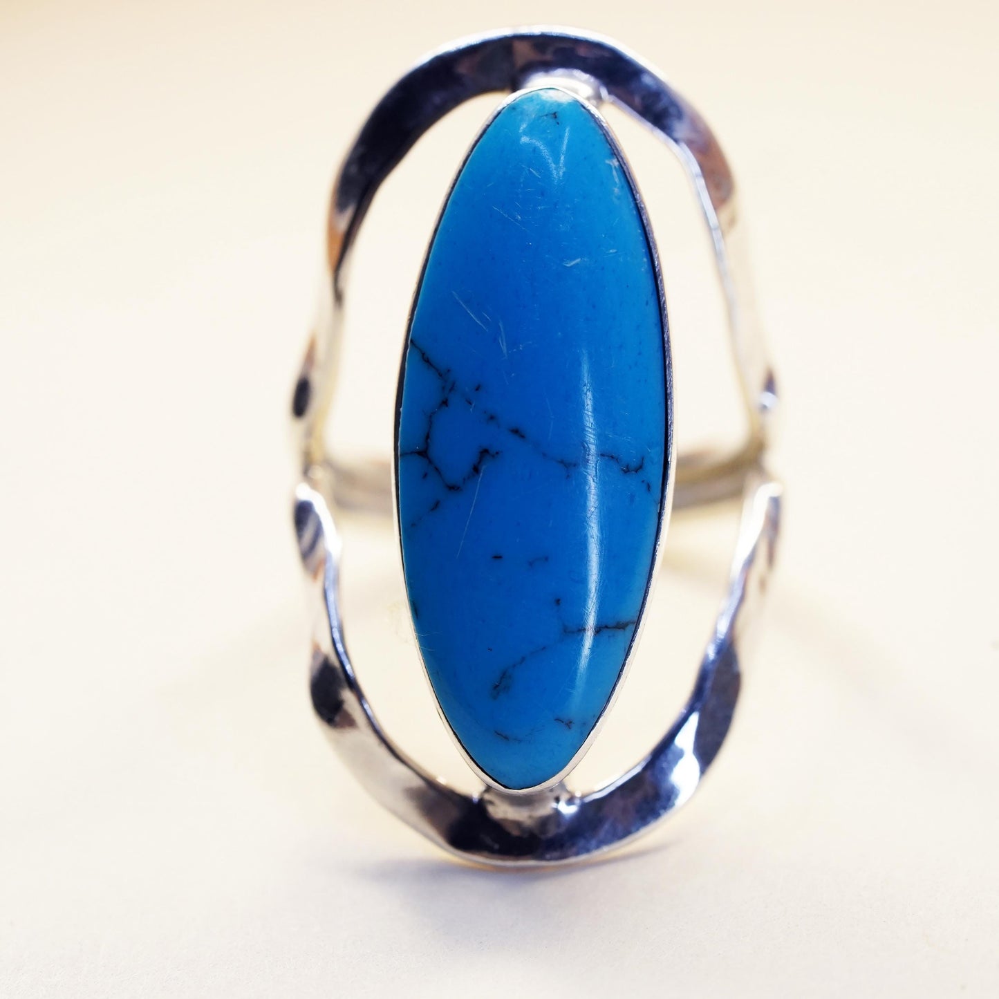 Size 5, Vintage sterling silver ring, 925 statement band with oval turquoise