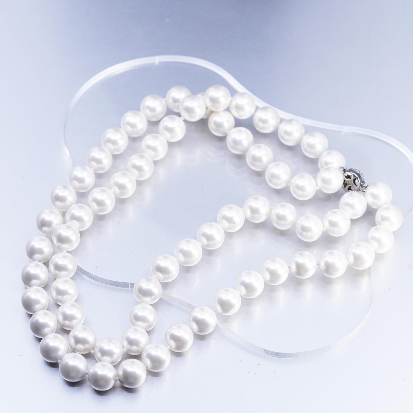16", Sterling 925 silver double strands necklace faux pearl beads flower clasp