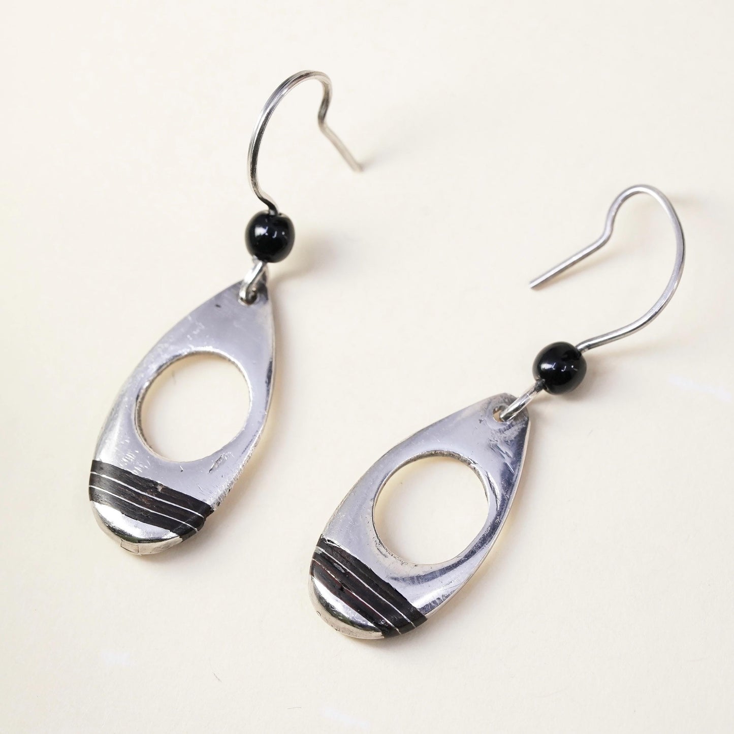 Vintage Southwestern Sterling silver handmade earrings, 925 oval dangles enamel