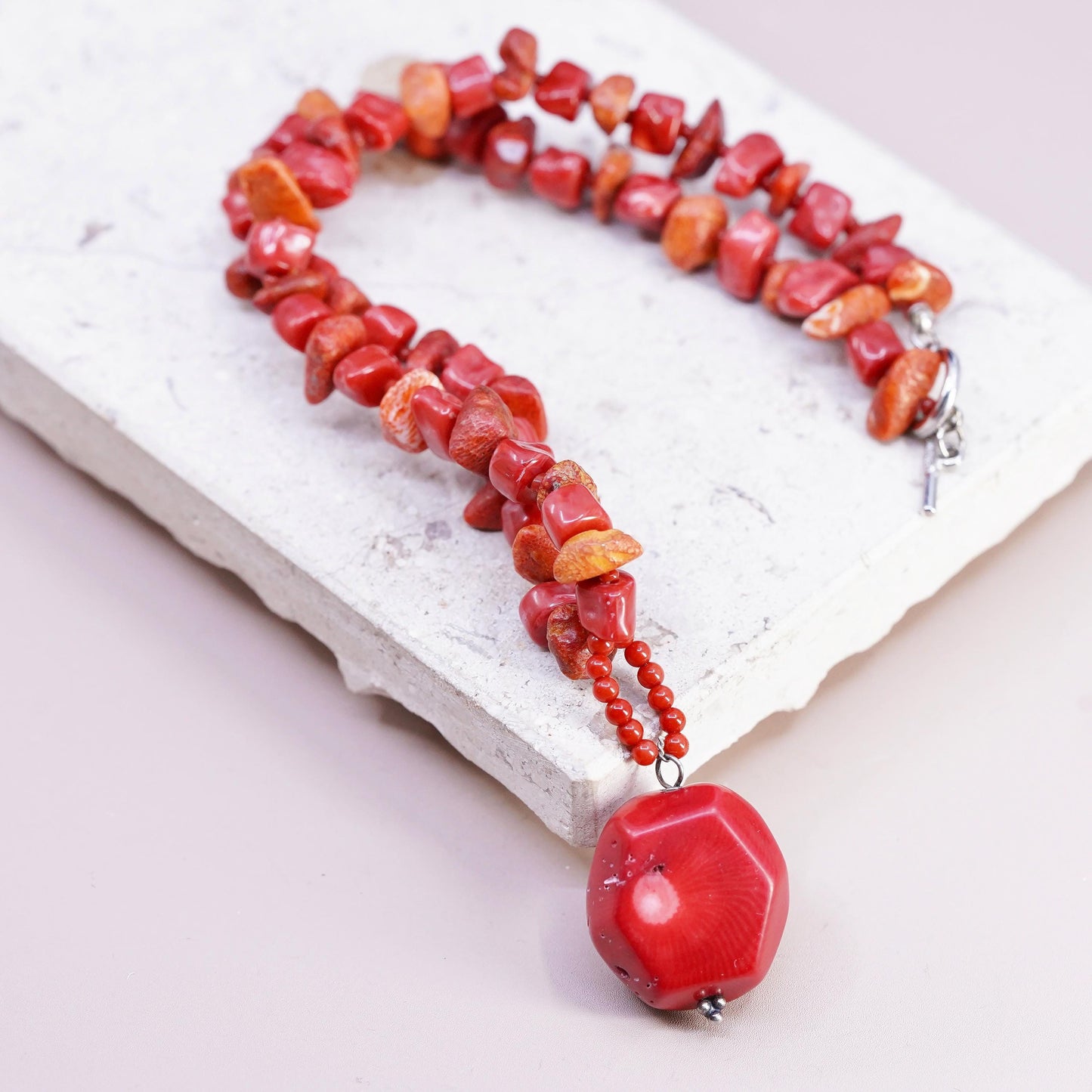 16", silver tone necklace, coral beads necklace pendant with toggle closure
