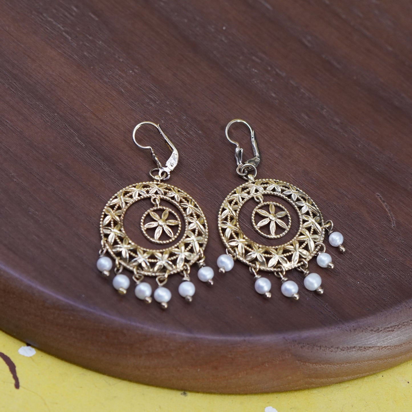 vermeil gold Sterling silver handmade earrings, 925 Bali Filigree circle pearl