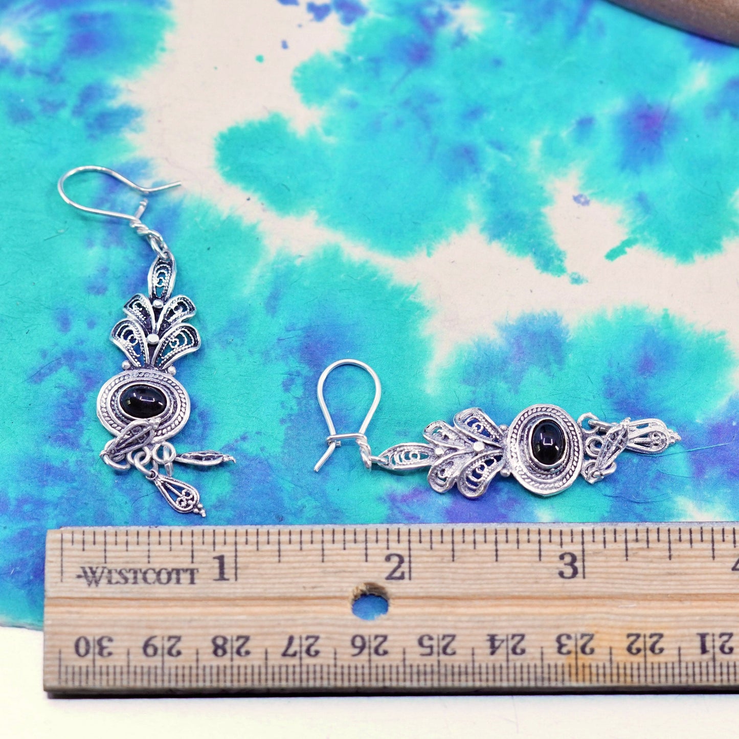 Vintage Sterling 925 Silver Handmade filigree Earrings with oval onyx