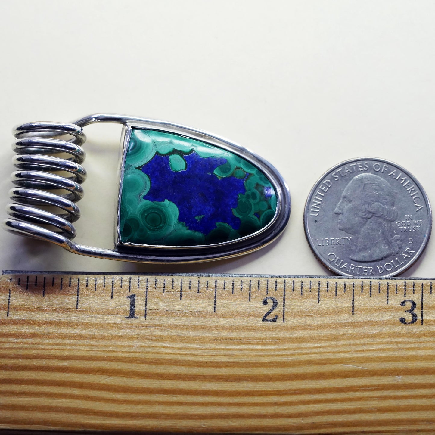 Vintage sterling 925 silver handmade spring pendant w/ Azurmalachite malachite